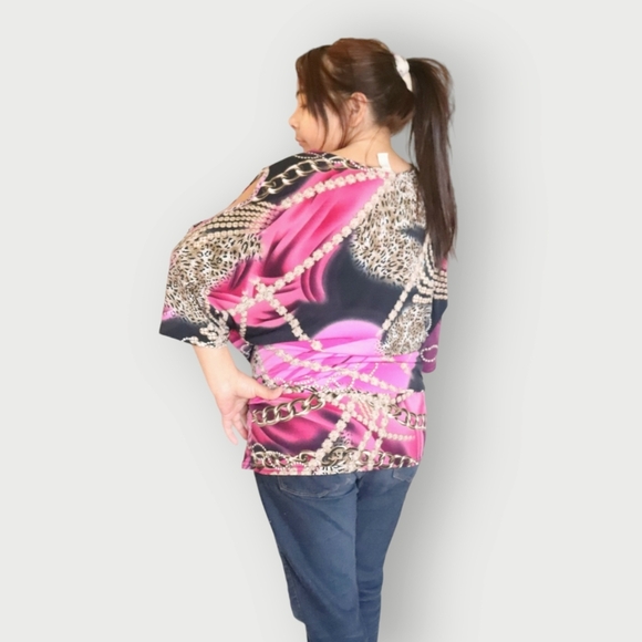 JOSEPH RIBKOFF WOMENS SIZE 14 PINK CHAIN PATTERN COLD SHOULDER SHIRT - Picture 2 of 6